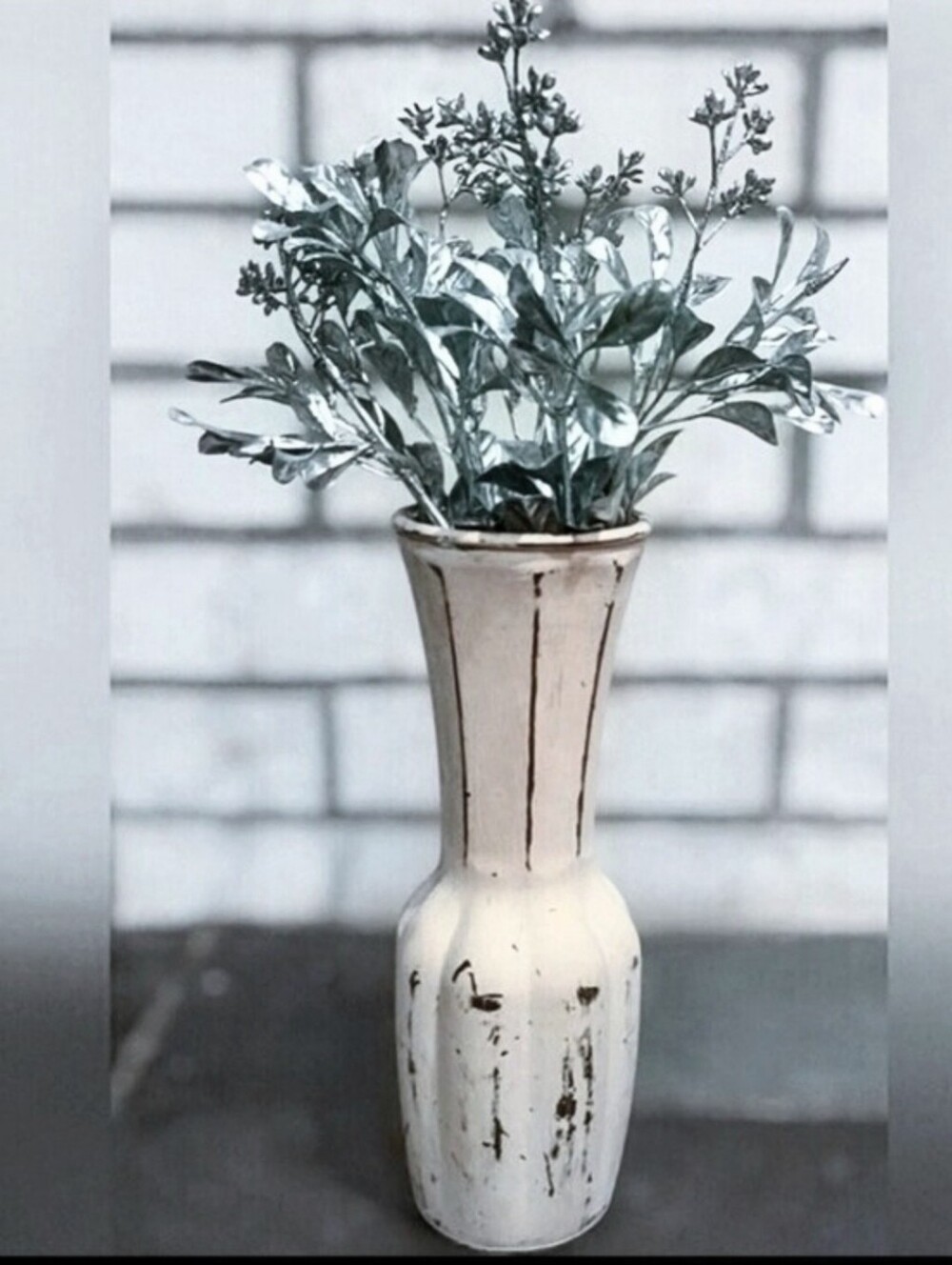 Farmhouse Shabby Chic Pink Patina Distressed 9" Vase. Silver Floral.